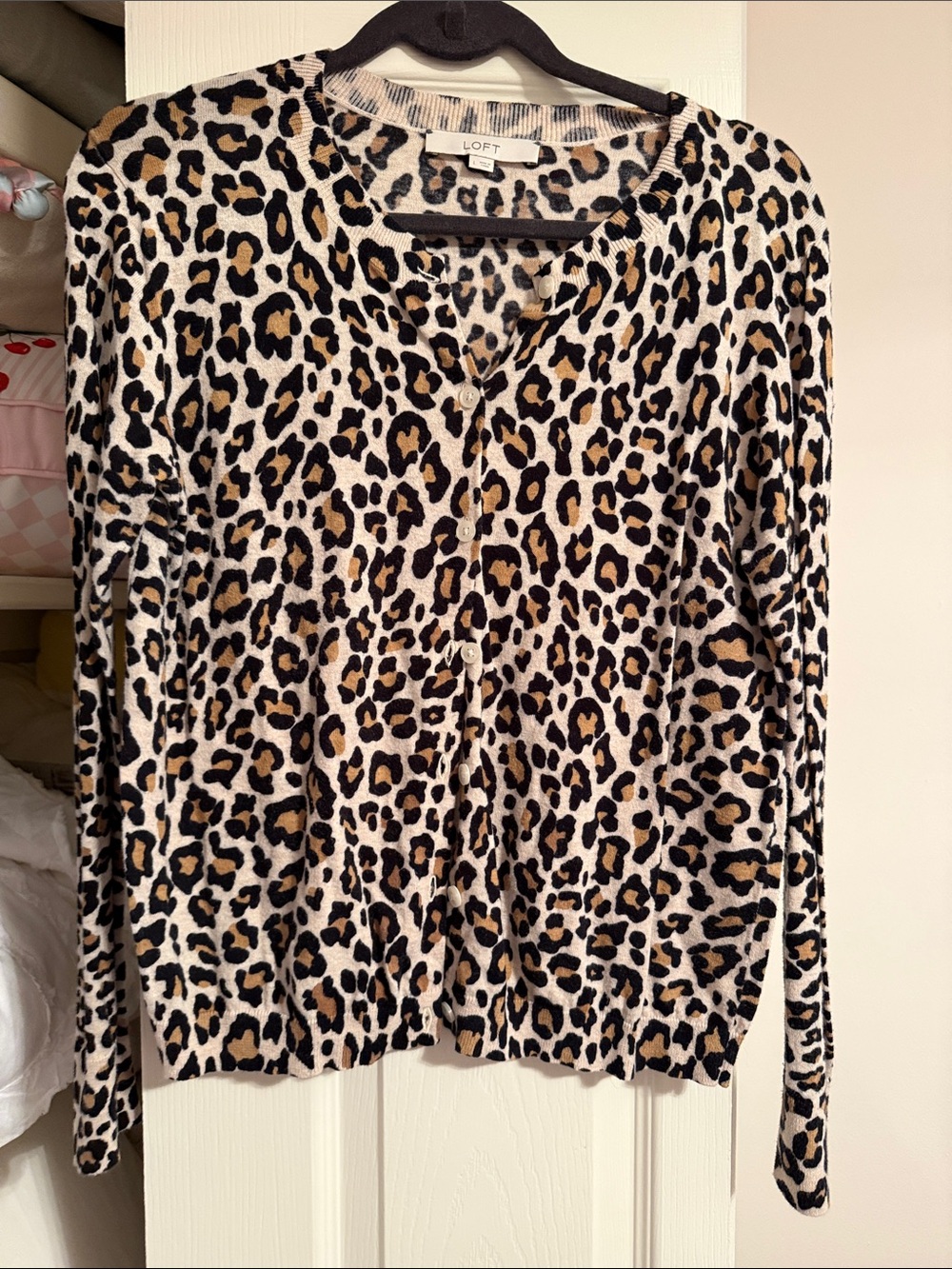 LOFT Leopard-Print Button Cardigan in Tan, Black & Cream